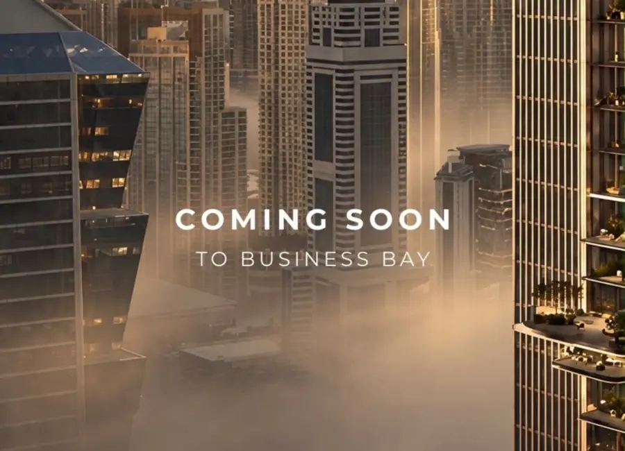 City skyline with the Ellington Properties logo and Coming Soon to Business Bay announcement