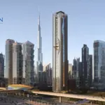 Berkeley Tower in a wide daytime Dubai skyline with the Burj Khalifa in the distance.