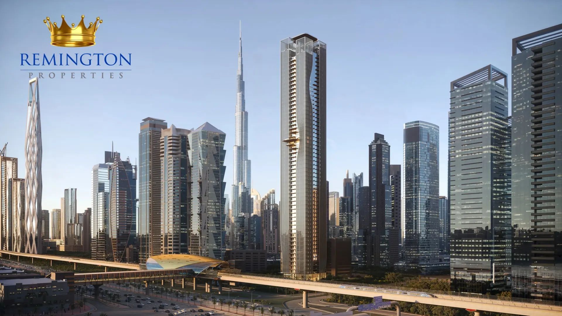 Berkeley Tower in a wide daytime Dubai skyline with the Burj Khalifa in the distance.