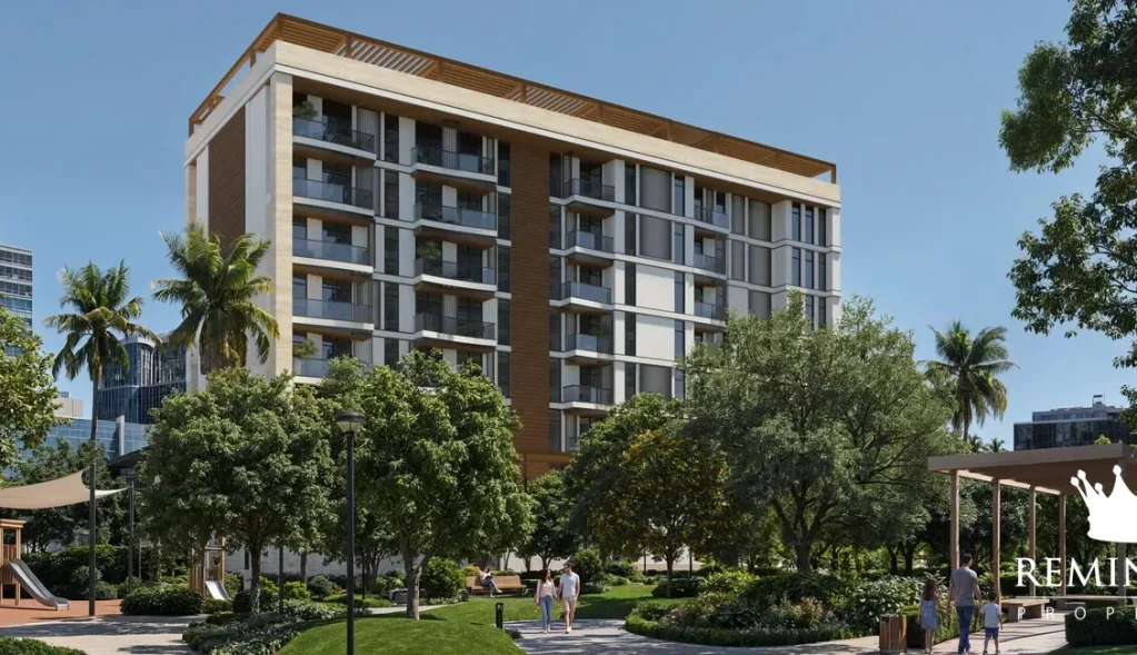 Contemporary residential building among landscaped gardens