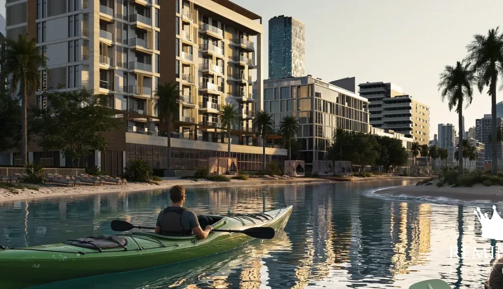 Kayaking along the landscaped waterfront