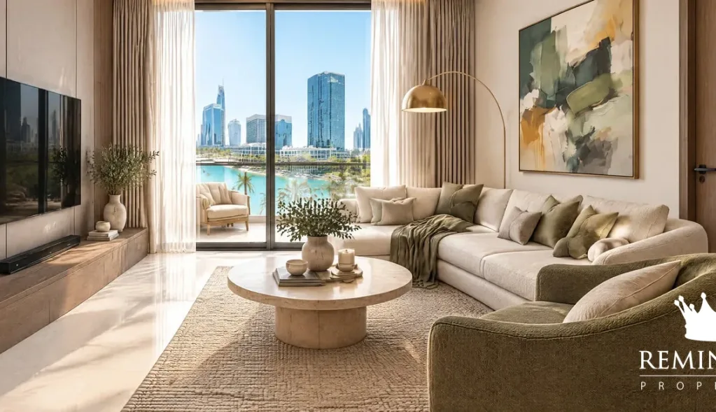 Living room with balcony and pool views