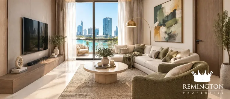 Living room with balcony and pool views