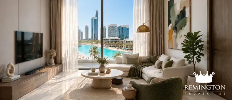 Bright living room with a balcony overlooking the pool