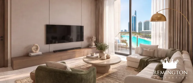 Open-plan living room with warm neutral finishes