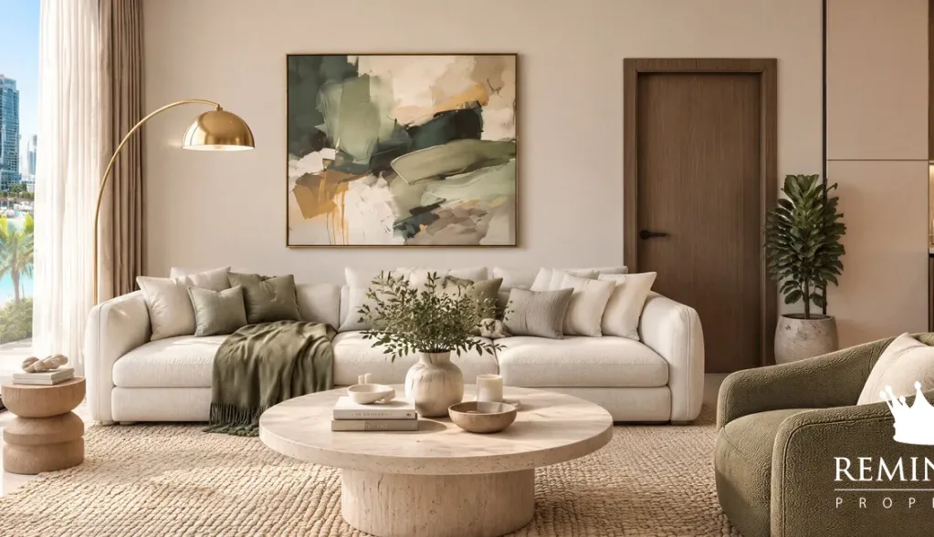 Living room with contemporary furnishings and natural light