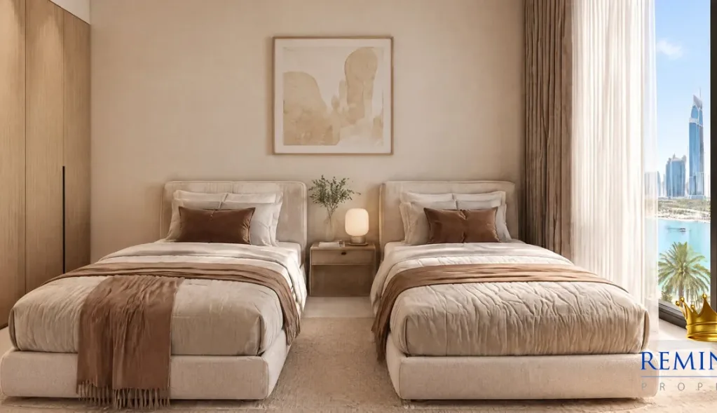 Twin bedroom with built-in storage and balcony