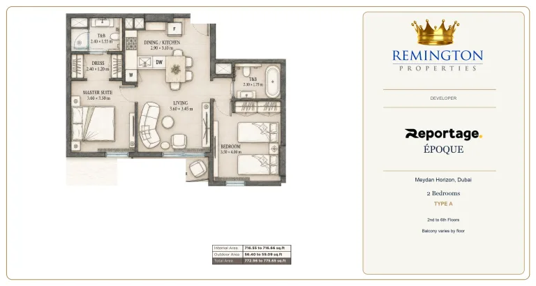 Époque by Reportage two-bedroom apartment floor plan, Type A, floors 2 to 6