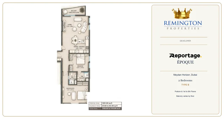 Époque by Reportage two-bedroom apartment floor plan, Type B, podium and floors 1 to 6