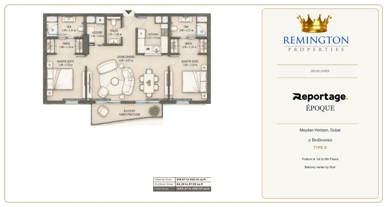 Époque by Reportage two-bedroom apartment floor plan, Type D, podium and floors 1 to 6