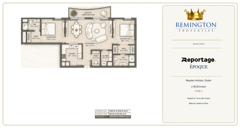 Époque by Reportage two-bedroom apartment floor plan, Type F, podium and floors 1 to 6