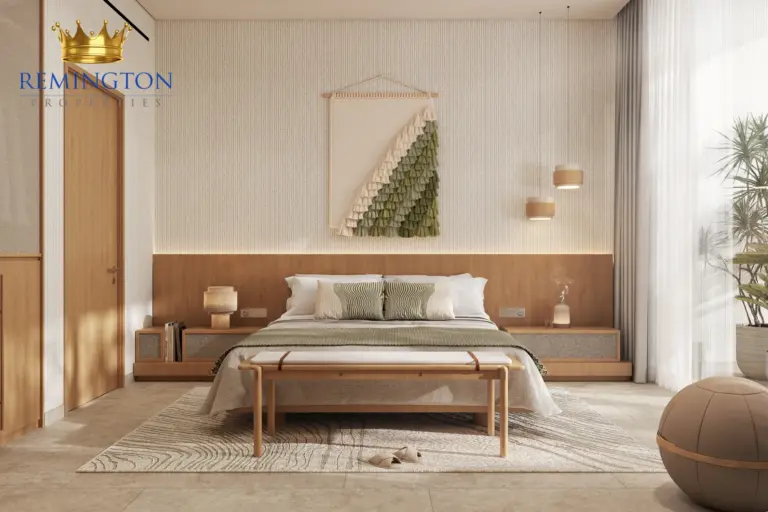 Apartment bedroom rendering with a bed, bedside tables, wardrobe and warm wood details.