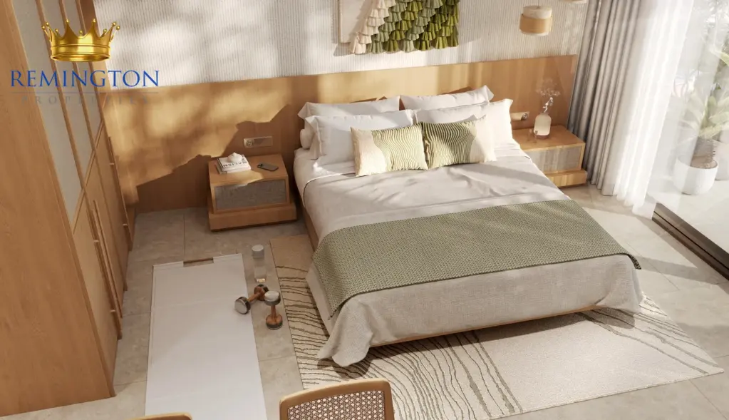 Apartment bedroom rendering with a double bed, bedside tables, wardrobe and a light neutral finish.