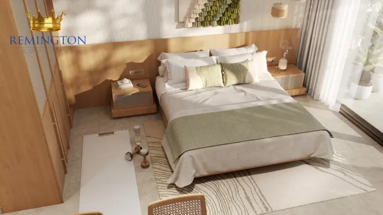 Apartment bedroom rendering with a double bed, bedside tables, wardrobe and a light neutral finish.