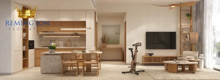 Apartment interior rendering of a living and dining area beside a fitted kitchen with an island counter.