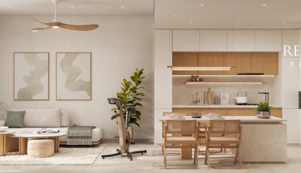 Apartment interior rendering with a living area, dining table and open kitchen in a warm neutral palette.