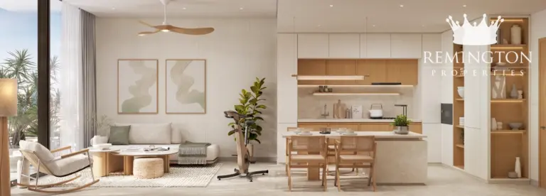 Apartment interior rendering with a living area, dining table and open kitchen in a warm neutral palette.