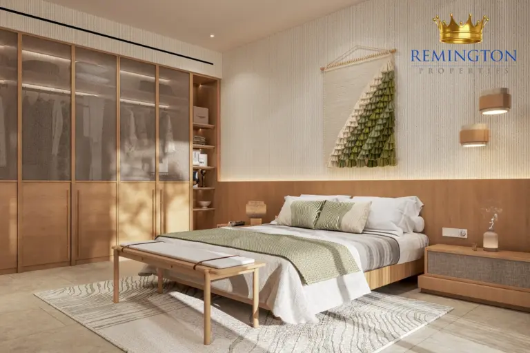 Apartment bedroom rendering with a bed, built-in wardrobe and warm wood finishes.