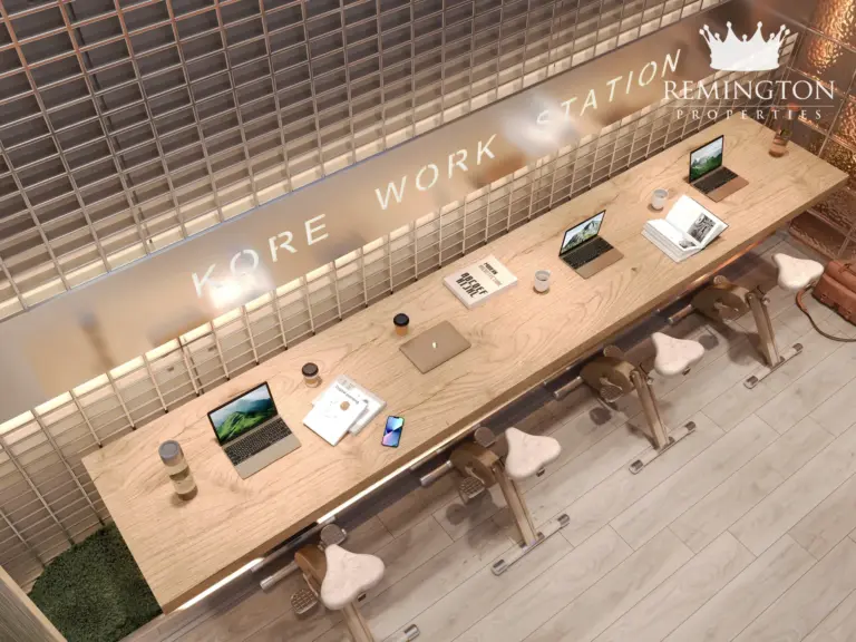 A long shared work counter at KORE by Imtiaz, with stools, desk lamps and KORE WORK STATION lettering.