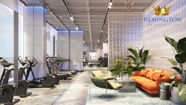 Interior rendering of a fitness room with cardio and strength equipment, lounge seating and indoor plants.