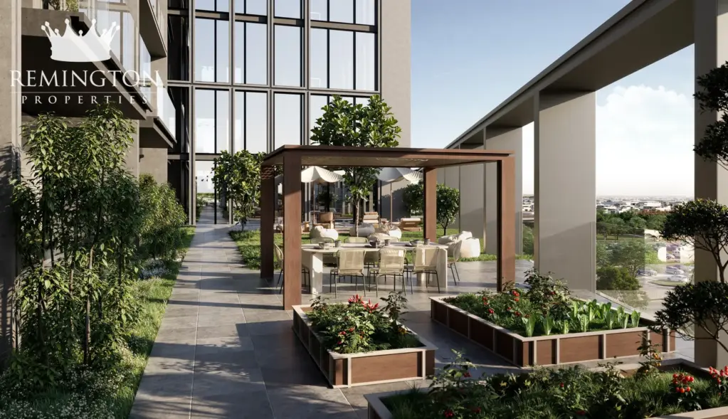Architectural rendering of a landscaped courtyard between KORE by Imtiaz buildings, with a covered walkway, planted beds and seating.