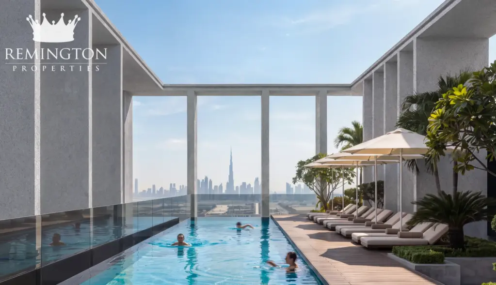 A rooftop swimming pool at KORE by Imtiaz, framed by tall columns with a city view beyond.