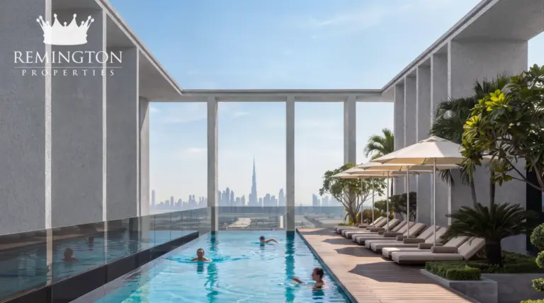 A rooftop swimming pool at KORE by Imtiaz, framed by tall columns with a city view beyond.
