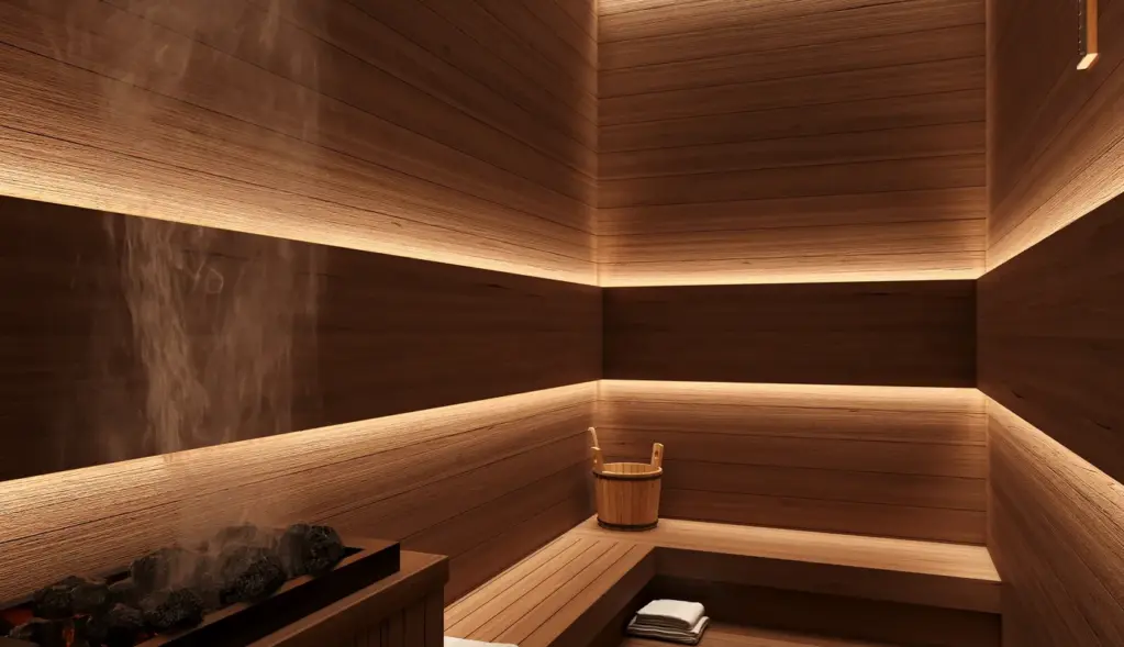 Interior rendering of a wood-lined sauna with tiered benches and concealed warm lighting.