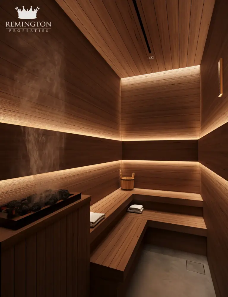 Interior rendering of a wood-lined sauna with tiered benches and concealed warm lighting.