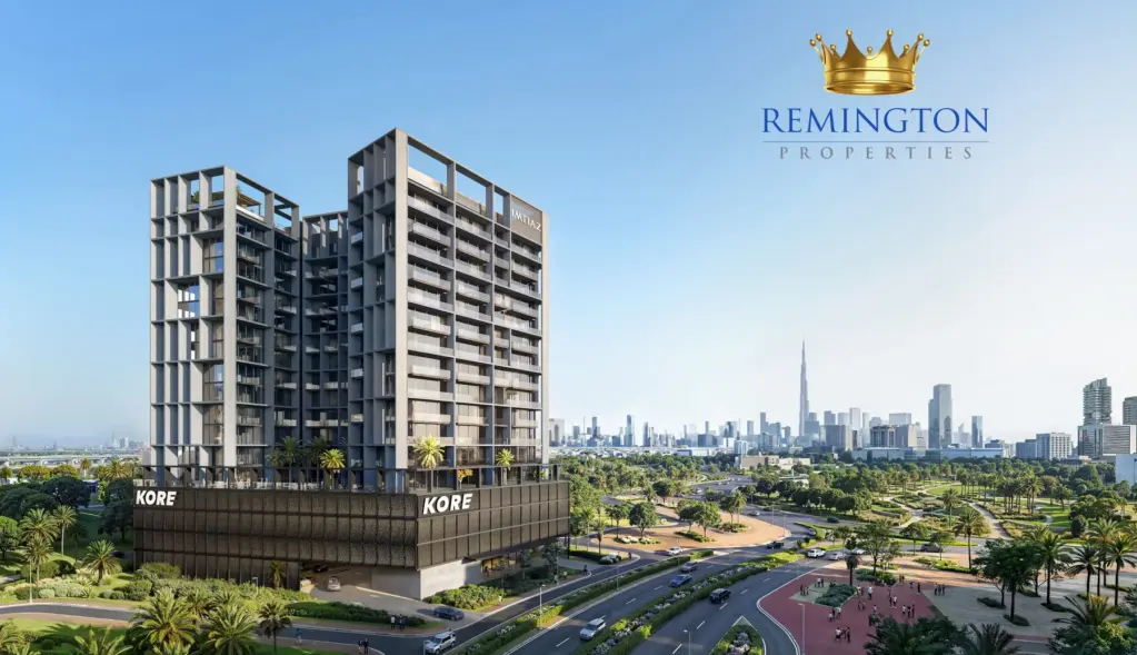 Architectural rendering of the KORE by Imtiaz tower beside roads and low-rise development, with the city skyline in the distance.
