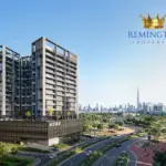 Architectural rendering of the KORE by Imtiaz tower beside roads and low-rise development, with the city skyline in the distance.