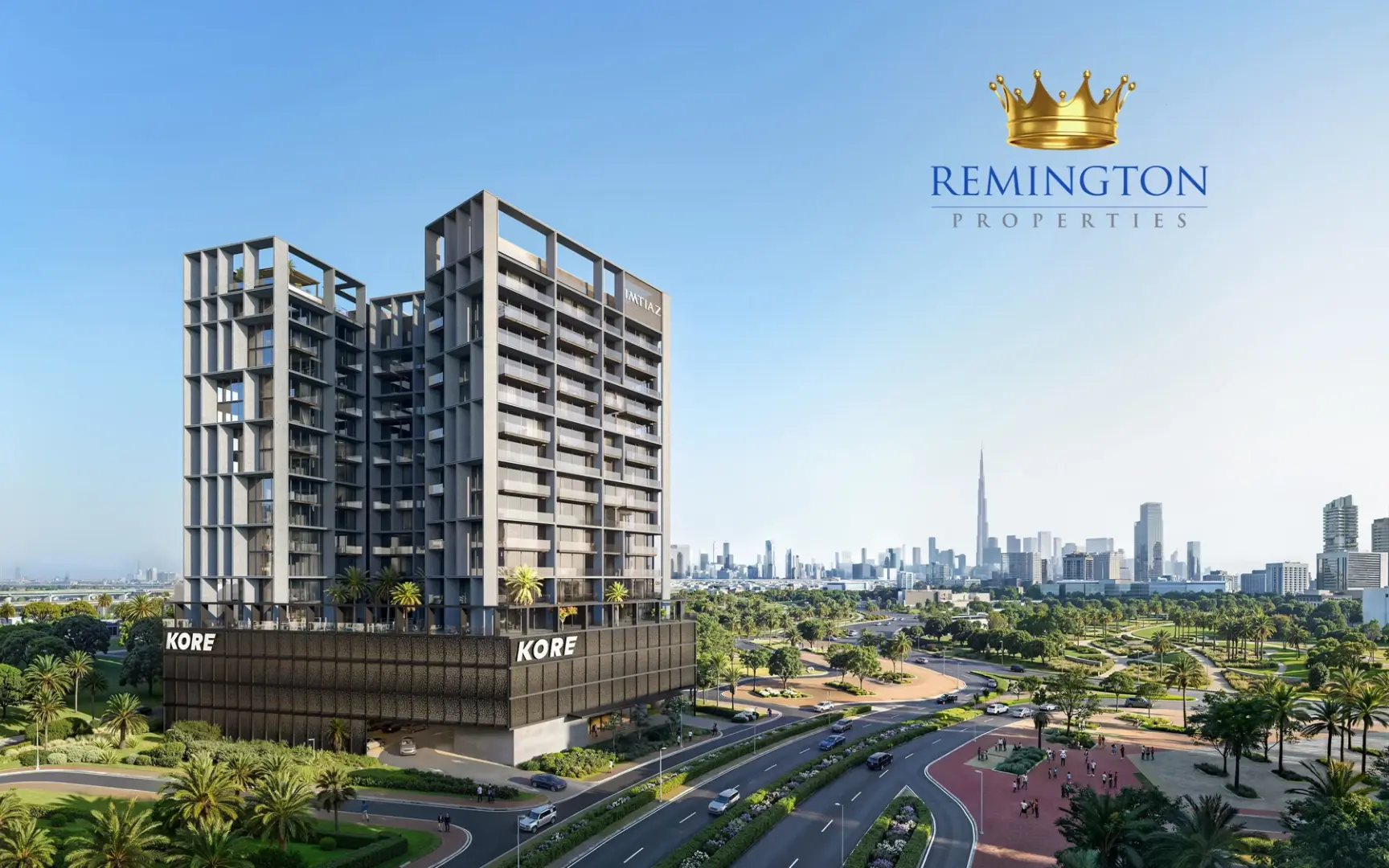Architectural rendering of the KORE by Imtiaz tower beside roads and low-rise development, with the city skyline in the distance.