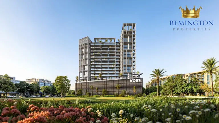 Architectural rendering of the KORE by Imtiaz tower viewed across landscaped grounds and a garden approach.