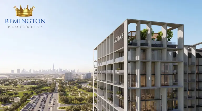 Upper floors and balconies of KORE by Imtiaz, with trees and a distant city skyline.
