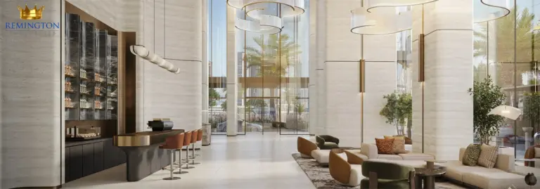 A light-filled residential lounge features sculptural lighting, generous seating and warm stone finishes.