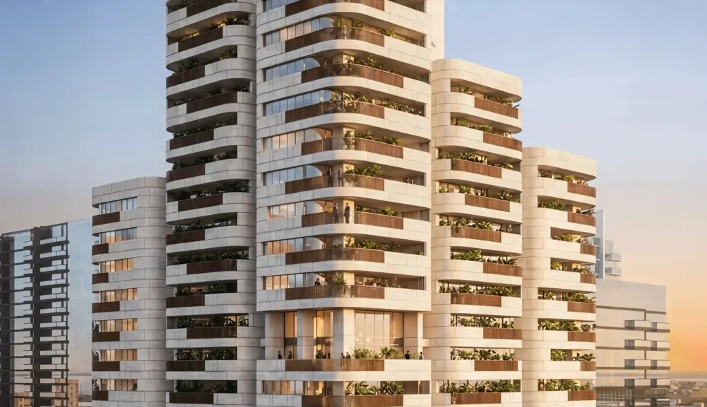 A close exterior view shows the tower’s rounded balconies and landscaped terraces.