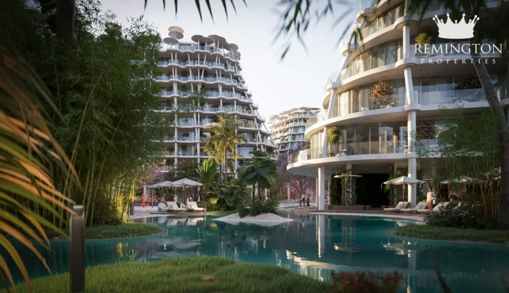 Lagoon-style pool and landscaped courtyard between the residences