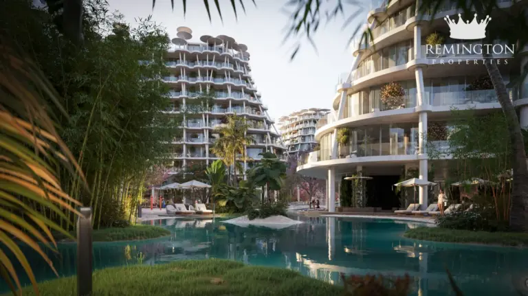 Lagoon-style pool and landscaped courtyard between the residences