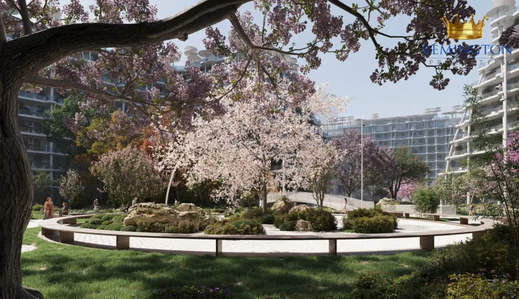 Flowering trees, curved seating and a garden path at Sakura Gardens