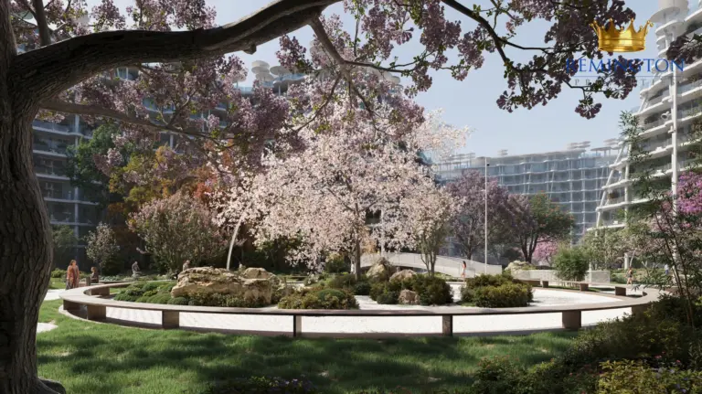 Flowering trees, curved seating and a garden path at Sakura Gardens