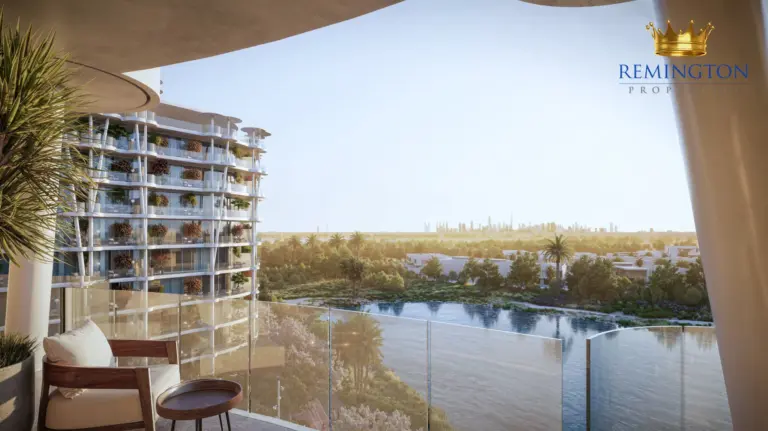 Curved Sakura Gardens balconies overlooking the water and surrounding greenery