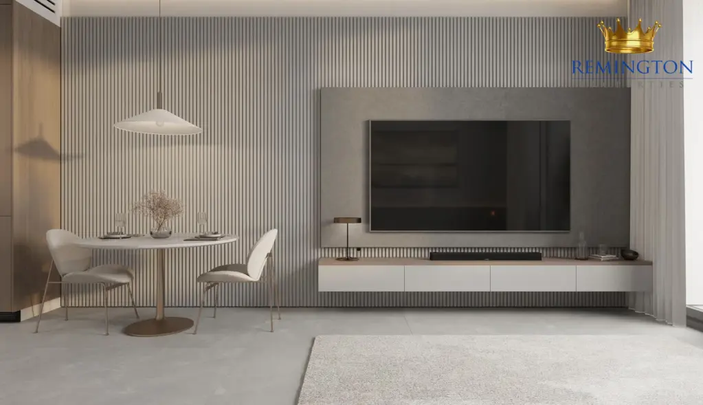 Furnished studio living area with a sofa, dining table and balcony glazing