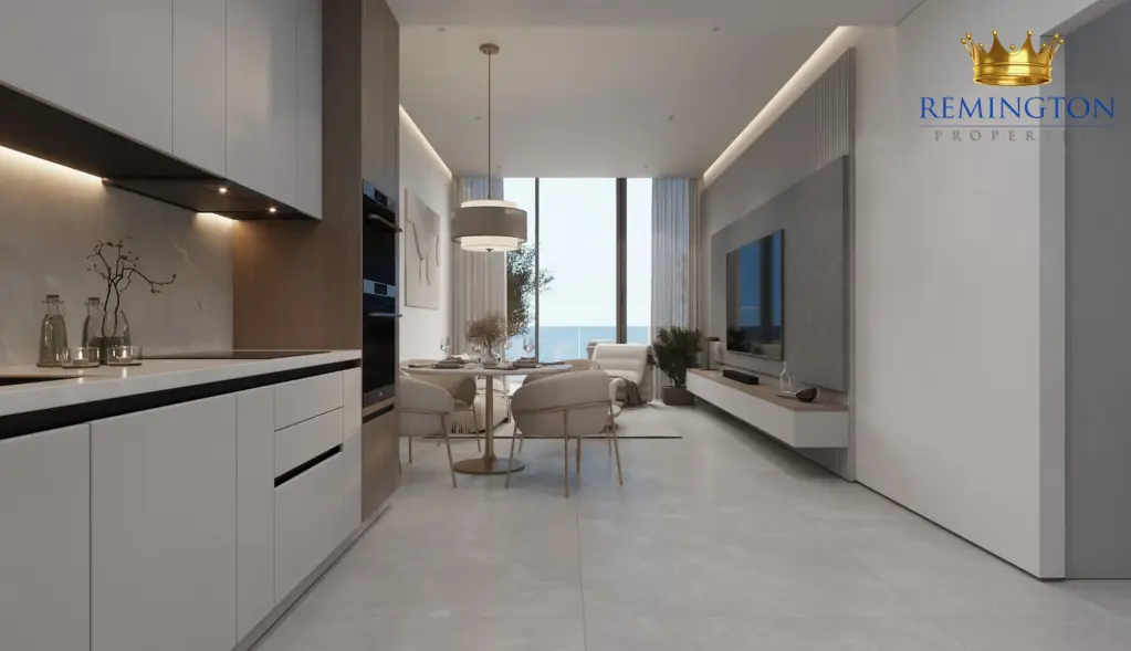 Kitchen island and dining area in a two-bedroom Sakura Gardens residence