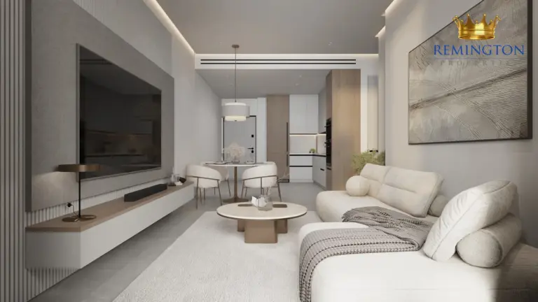Bright living and dining room with full-height windows in a three-bedroom residence