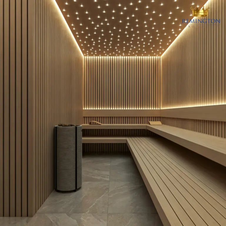 Wood-panelled sauna with a long built-in bench