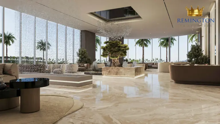 Residents’ lounge with low seating and wide garden-facing windows