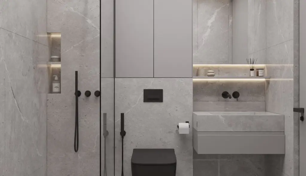 Walk-in shower and vanity in a one-bedroom residence bathroom