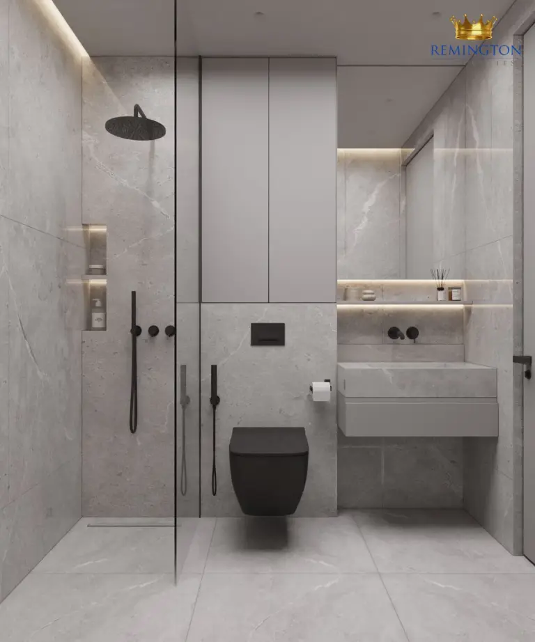 Walk-in shower and vanity in a one-bedroom residence bathroom