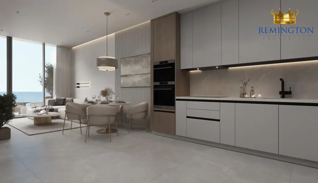 Living and dining area beside the kitchen in a one-bedroom home
