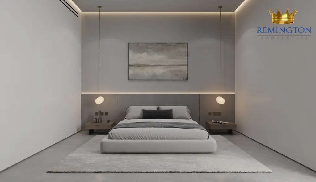 Principal bedroom with a king bed and upholstered headboard